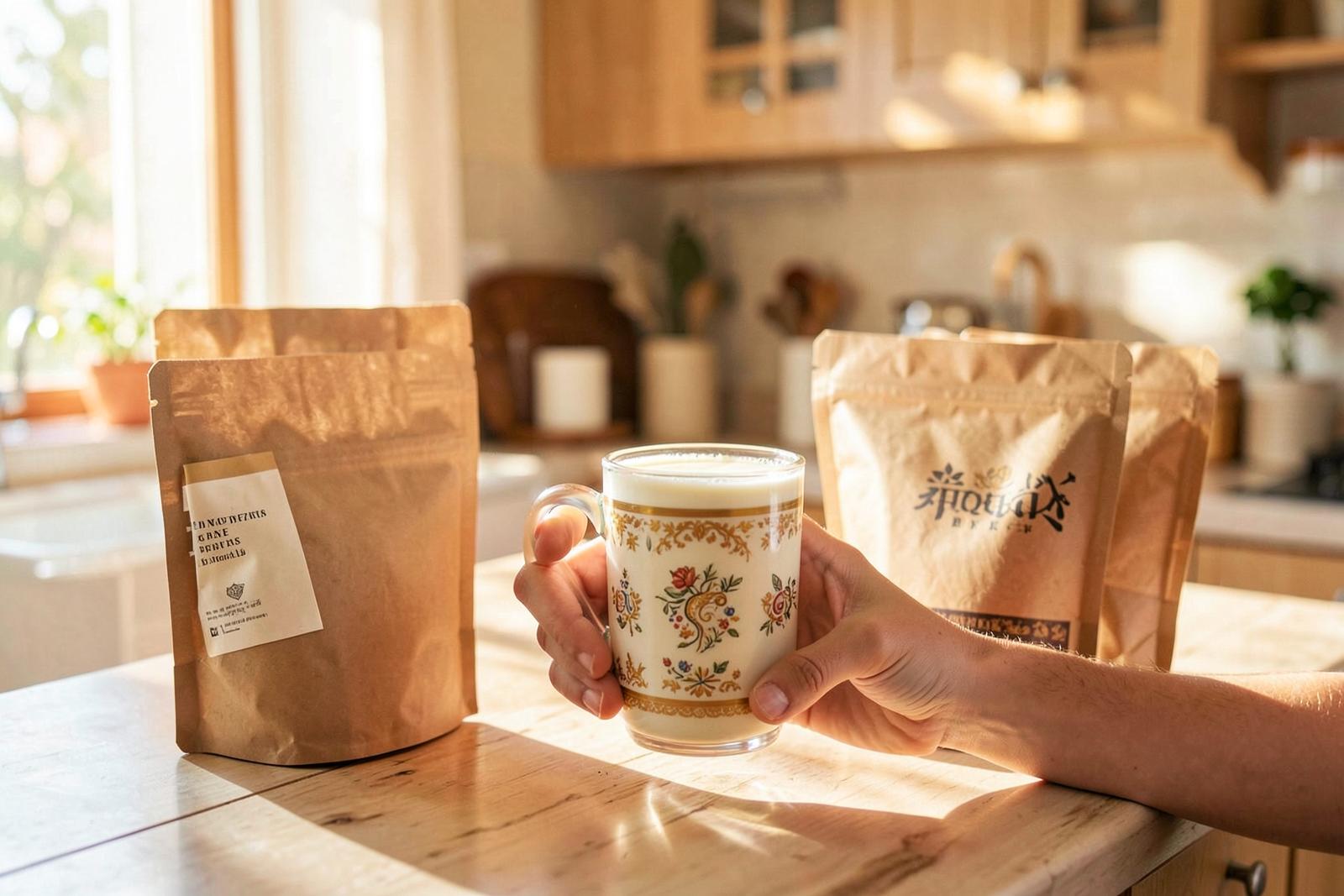 A warm AMIZH drink surrounded by dates, almonds and dried ginger